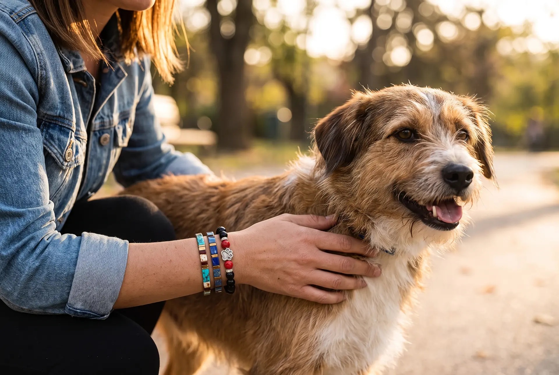 Vrouw met Nasza Łapa armband en een lachende hond