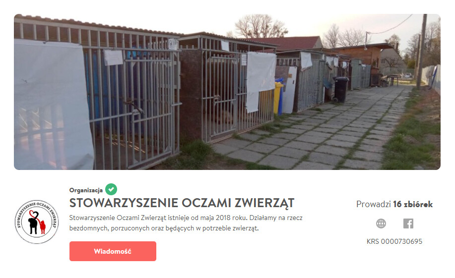 Zrzut ekranu profilu Facebook Stowarzyszenia Oczami Zwierząt z widokiem kojców dla psów